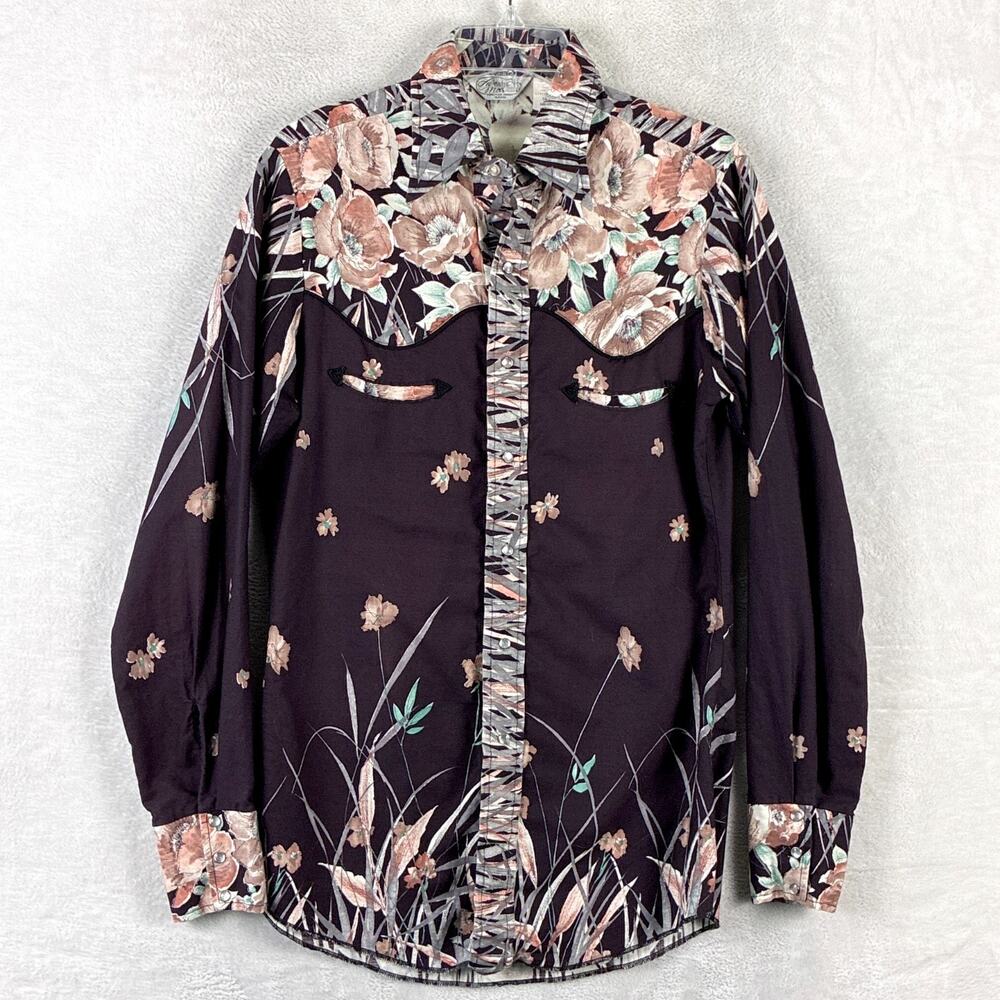 VTG Larry Mahan Shirt Mens M Long Brown Floral Rayon Western Pearl Snap 70s 80s
